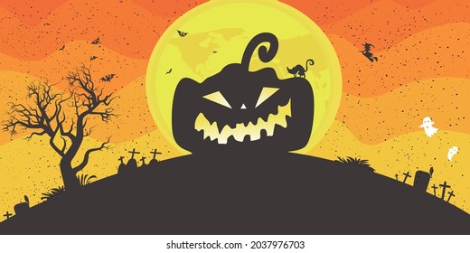 Halloween Full moon Banner, Witch, Haunted House, Pumpkins and Bats. cats with pumpkins and haunted castle in halloween scene.