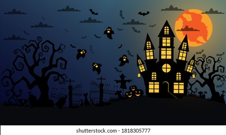Halloween and full moon in the dark night.Dark castle on blue Moon background. Ghost and flying bats, tomb, scary.