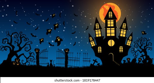 Halloween and full moon in the dark night.Dark castle on blue Moon background. Ghost and flying bats, tomb, scary.