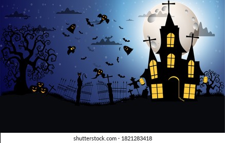 Halloween and full moon in the dark night.Dark castle on blue Moon background. Ghost and flying bats, tomb, scary.