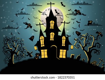 Halloween and full moon in the dark night.Dark castle on blue Moon background. Ghost and flying bats, tomb, scary.