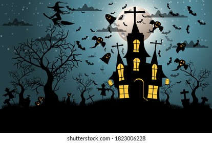 Halloween and full moon in the dark night.Dark castle on blue Moon background. Ghost and flying bats, tomb, scary.