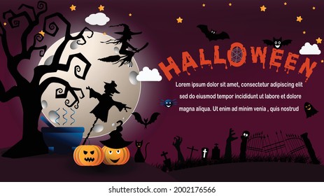 Halloween and full moon in the dark night.Dark castle on full Moon background.Ghost and flying bats, tomb,scary,decoration.Vector Halloween party decoration and flat style concept.