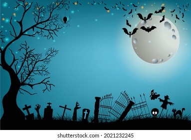 Halloween and full moon in the dark night.Dark castle on full Moon background.Ghost and flying bats, tomb,scary,decoration.Vector Halloween party decoration and flat style concept.