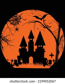 Halloween Full moon, Haunted House, Pumpkins and Bats., Happy Halloween Shirt Print Template, Witch Bat Cat Scary House Dark Green Riper Boo Squad Grave Pumpkin Skeleton Spooky Trick Or Treat