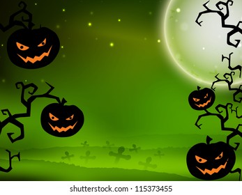 Halloween full moon light night background with hanging scary pumpkins on dead tree branches. EPS 10.