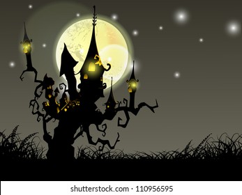 Halloween full moon night background with haunted house and dead trees. EPS 10.