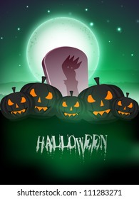 Halloween full moon night background with grave and scary pumpkins. EPS 10.