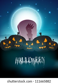 Halloween full moon night background with grave and scary pumpkins. EPS 10.