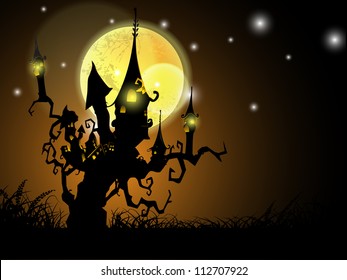 Halloween full moon night background with haunted house on a dead tree. EPS 10.