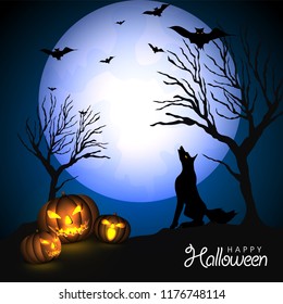 Halloween full moon night background with wolf, glowing pumpkins, and bats. 