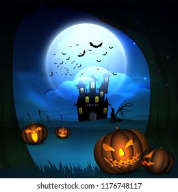 Halloween full moon night background with haunted house, glowing pumpkins, and bats. 