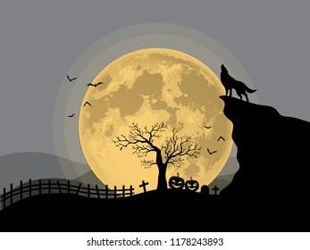Halloween full moon night background. wolf black on mountain. vector
