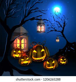 Halloween full moon night background decorated with scary jack-o-lanterns.