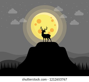 Halloween full moon night background. Deer silhouette on mountain