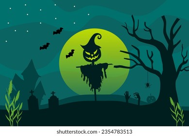 Halloween full moon night background with the Scarecrow pumpkin, dark castle, tombstone, and bats. Vector illustration.