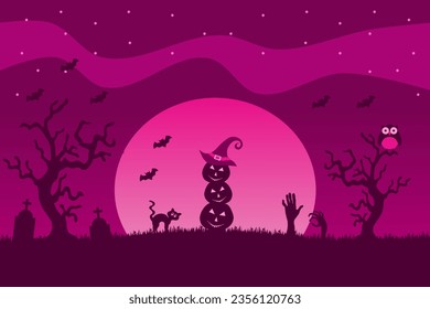 Halloween full moon night background with the Scarecrow pumpkin, tombstone, cat, owl, and bats. Vector illustration.