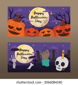 Halloween Full Moon Night In Graveyard Banner, Postr, Illustration