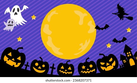 Halloween Full Moon Night, Party Background with Ghosts and Pumpkins