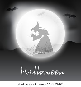 Halloween full moon night with witch silhouette. EPS 10.