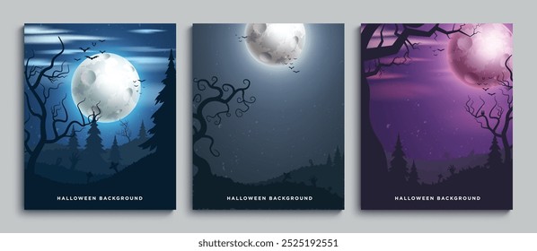 Halloween full moon vector poster set background. Halloween background with full moon night in forest template collection for horror scary invitation card design. Vector illustration party holiday des