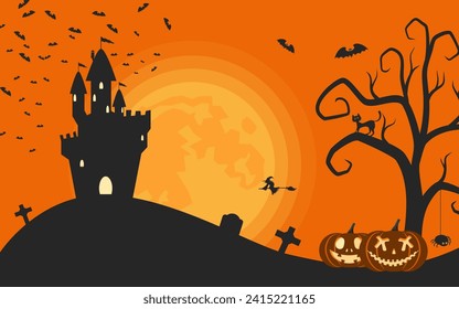 Halloween Full moon ,  Witch, Castle,  Pumpkins and Bats.