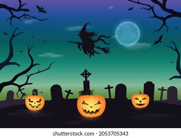 Halloween, full moon, witch, cemetery, graves, pumpkin and bats