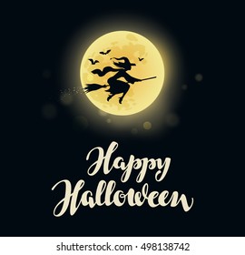 Halloween. Full moon witch flying on broom. Vector illustration