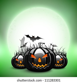 Halloween full moonlight background with scary pumpkins and flying bats. EPS 10.