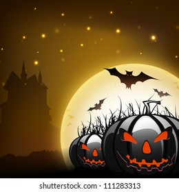Halloween full moonlight background with scary pumpkins, flying bats and haunted house silhouette. EPS 10.