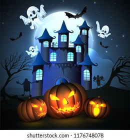 Halloween Fullmoon Background, Haunted House, Ghots, Pumpkins and Bats.