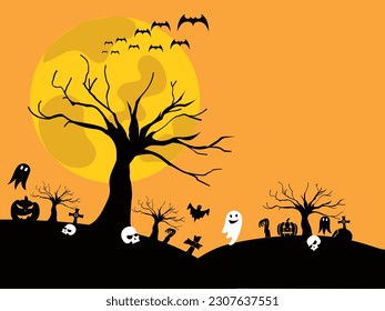 Halloween Fullmoon Banner, Haunted House, Pumpkins and Bats.