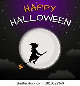Halloween Fullmoon Banner, Scary Witch Silhouette flying on broomstick over a full moon night. Vector illustration.
