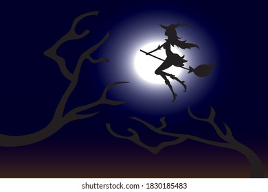 Halloween Fullmoon Banner, Witch, fly. Holiday event halloween banner background concept.