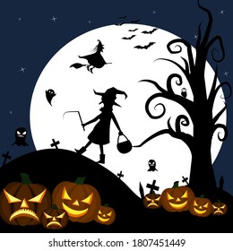 Halloween Fullmoon Banner, Witch, Haunted, ghost, Pumpkins and Bats.