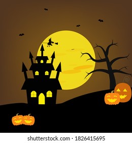 Halloween Fullmoon Banner, Witch, Haunted House, Pumpkins and Bats