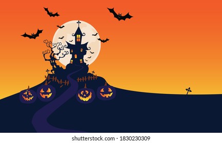 Halloween Fullmoon Banner, Witch, Haunted House, Pumpkins and Bats.vector illustrator flat design