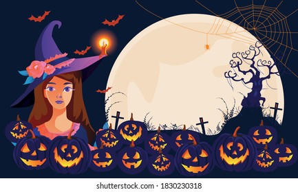 Halloween Fullmoon Banner, Witch, Haunted House, pumpkins patch, and Bats.Happy Halloween purple banner trick or treat with a full moon Vector illustration Flat design