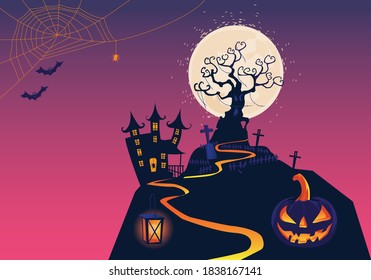 Halloween Fullmoon Banner, Witch, Haunted House, pumpkins patch, and Bats.Happy Halloween purple banner trick or treat with a full moon Vector illustration Flat design