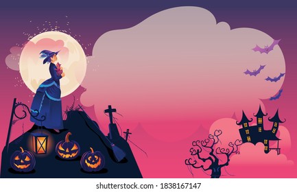 Halloween Fullmoon Banner, Witch, Haunted House, pumpkins patch, and Bats.Happy Halloween purple banner trick or treat with a full moon Vector illustration Flat design