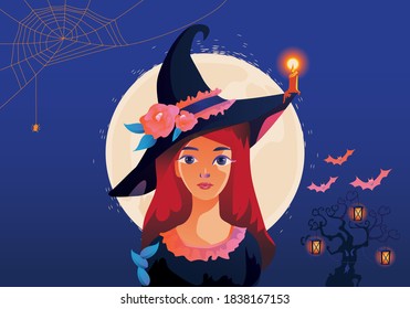 Halloween Fullmoon Banner, Witch, Haunted House, pumpkins patch, and Bats.Happy Halloween purple banner trick or treat with a full moon Vector illustration Flat design