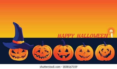 Halloween Fullmoon Banner, Witch, Haunted House, pumpkins patch, and Bats.Happy Halloween purple banner trick or treat with a full moon Vector illustration Flat design