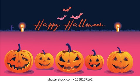 Halloween Fullmoon Banner, Witch, Haunted House, pumpkins patch, and Bats.Happy Halloween purple banner trick or treat with a full moon Vector illustration Flat design