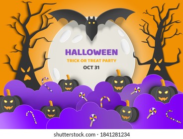 Halloween Fullmoon Banner, Witch, Haunted House, Pumpkins and Bats.