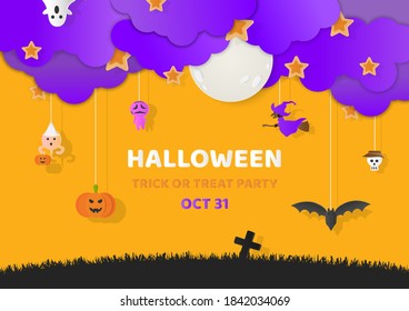 Halloween Fullmoon Banner, Witch, Haunted House, Pumpkins and Bats.
