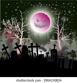 Halloween Fullmoon Banner, Witch, Haunted House, Pumpkins and Bats.