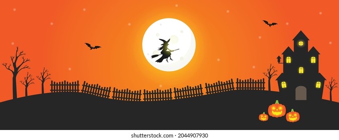 Halloween fullmoon banner. witch riding a broomstick flying on scary. haunted house, pumpinks, tree and bats. Vector illustration
