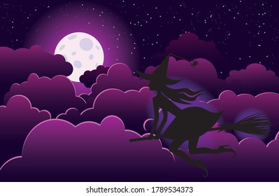 Pancarta de la luna de miel de Halloween. La joven bruja vuela sobre un palo de escoba en el cielo nocturno contra el fondo de la luna llena. Fondo oscuro nocturno. Ilustración vectorial. Concepto de Haloween