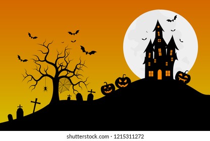 Halloween Fullmoon , Haunted House, Pumpkins and Bats.