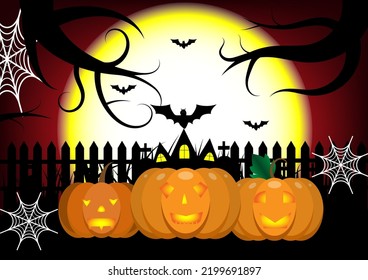 Halloween Fullmoon ,Haunted House, Pumpkins and Bats.